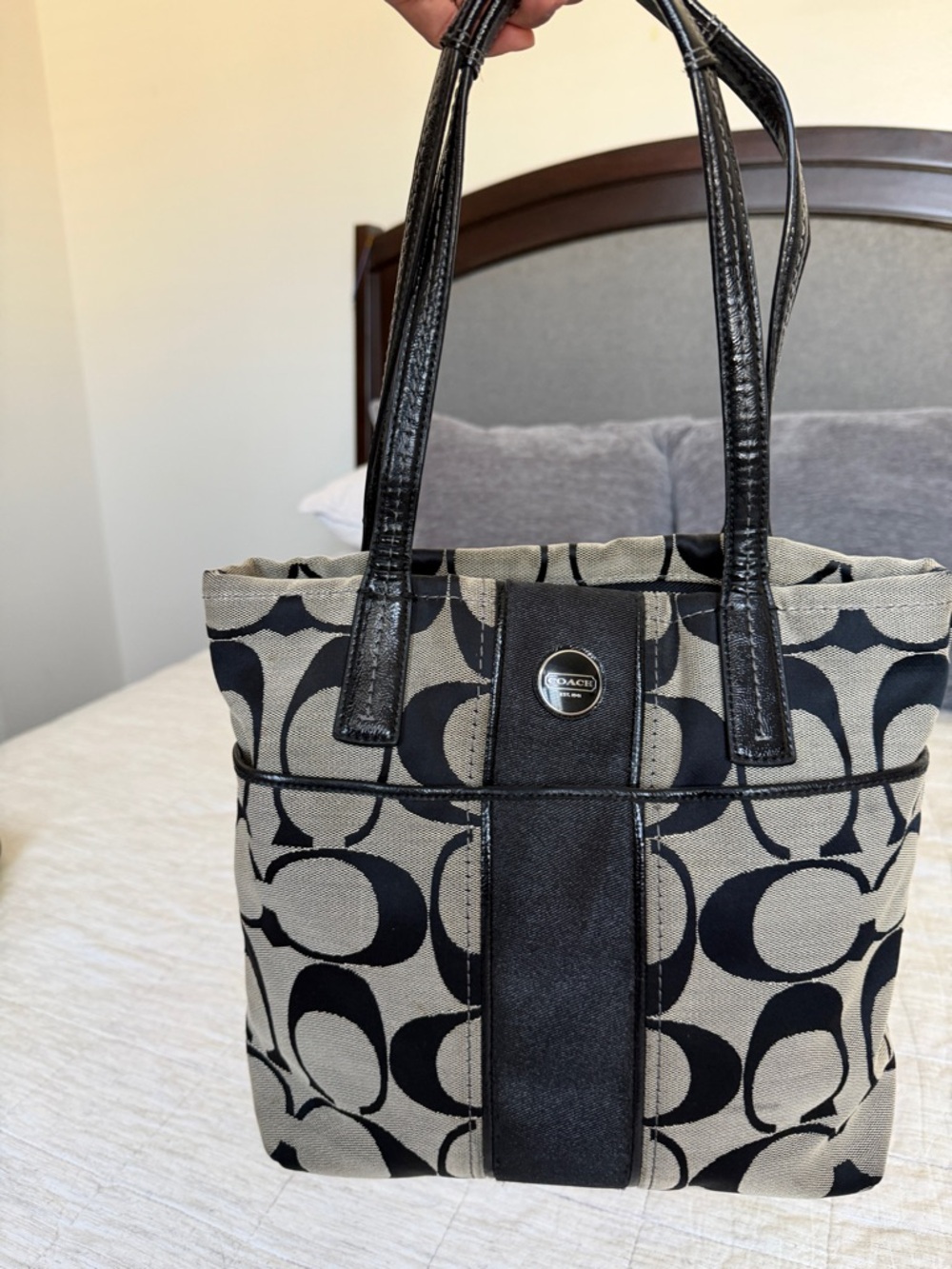 Coach Khaki & Black Signature Canvas Tote with Leather Trim